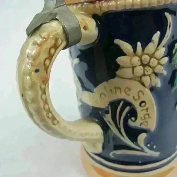 Vintage Beer Stein Pottery Bar Scene Pewter Lid 1921-50s West Germany 0.25 Liter - Picture 9 of 12